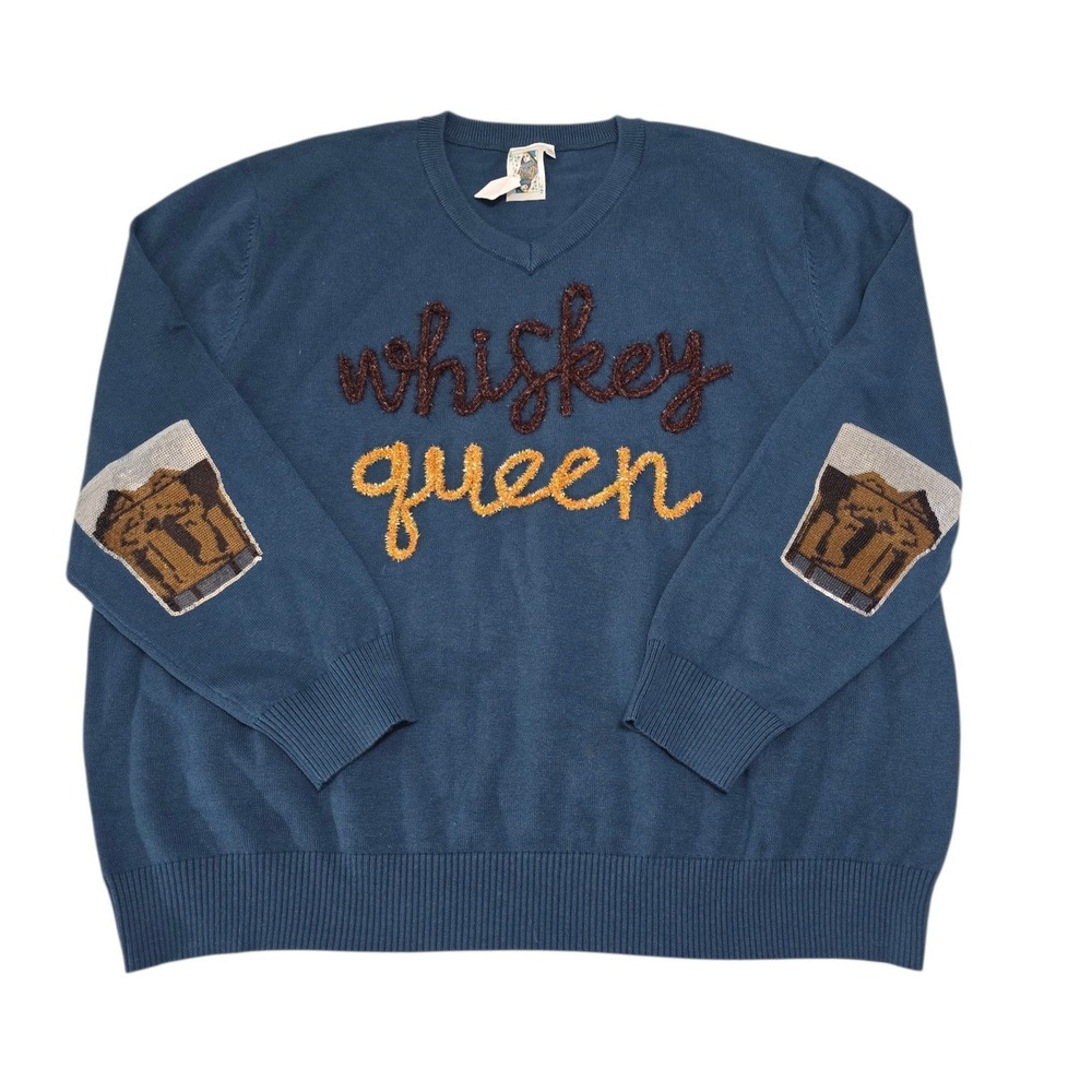 Whiskey‎ Queen Blue V-Neck Knit Sweater XXL Chenille Graphic Pullover